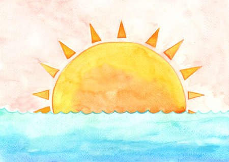 Sunrise whith ocean wave watercolor hand painting background for decoration on summer holiday event.の写真素材