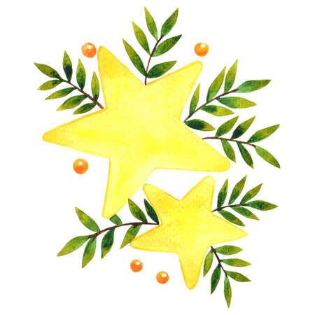 Christmas star with fern leaves watercolor illustration banner for decoration on Christmas holiday event.の写真素材