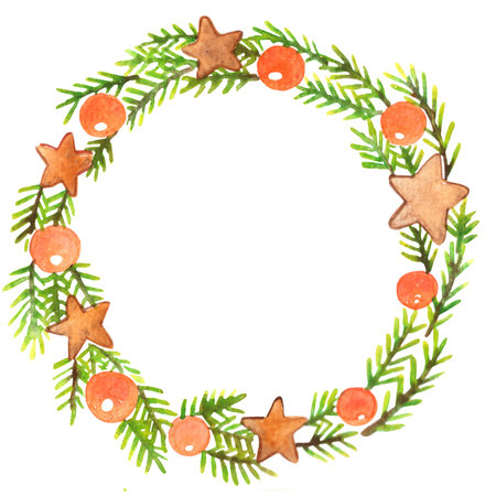 Pine leaves, orange ball and star cookies watercolor wreath for decoration on Christmas holiday event.の写真素材