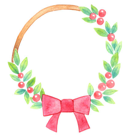 Red berry, holly leaves and red bow watercolor wreath for decoration on Christmas holiday events.の写真素材