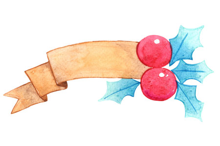 Red berry, holly leaves and red bow watercolor wreath for decoration on Christmas holiday events.の写真素材