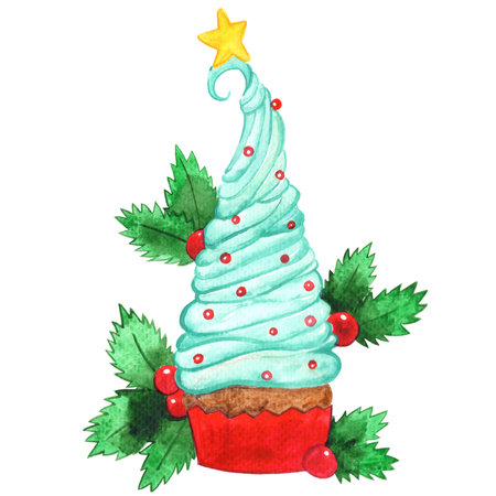 Christmas cup cake watercolor illustration for decoration on Christmas holiday event.