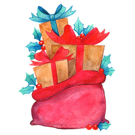 Gift boxes in santa bag with holly leaves and berry for decoration on Christmas holiday event.の写真素材
