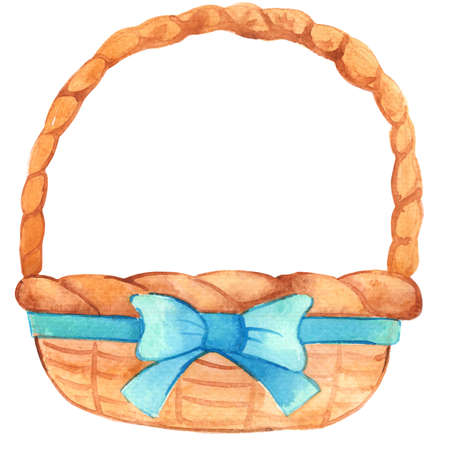 wood basket with blue bow and fruit  illustration for decoration on stiil life and farm.の写真素材