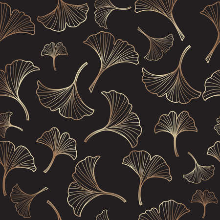 Ginkgo leaves doodle seamless pattern on dark black ground for decoration on natural garden and oriental art.のイラスト素材