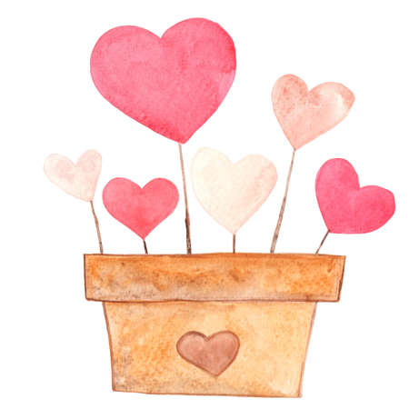 Heart flower plant on pottery watercolor illustration for decoration on Valentine's day and wedding.の写真素材