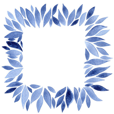 Royal blue leaves rectangle frame watercolor for decoration on nature and winter seasonal.の写真素材