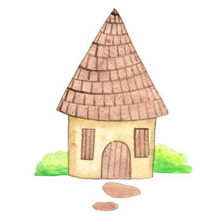 Cute house watercolor illustration., cottage and tree for kids and fariry tales concept .の写真素材