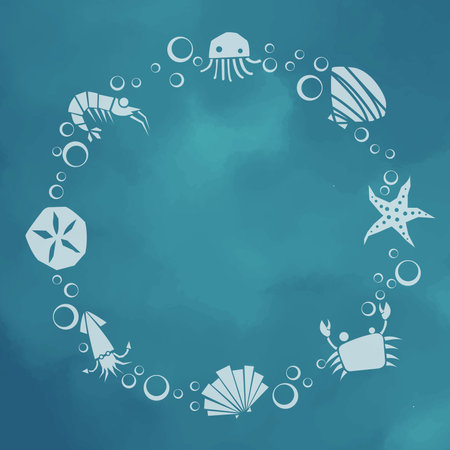fish, starfish, sand dollar, squid, jellyfish, crab, shrimp and sea shell frame vector for decoration on ocean and seafood concept.のイラスト素材