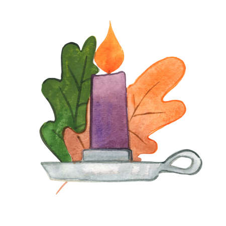 Candle with oak leaves watercolor illustration for decoration on Autumn season and nature concept.の写真素材