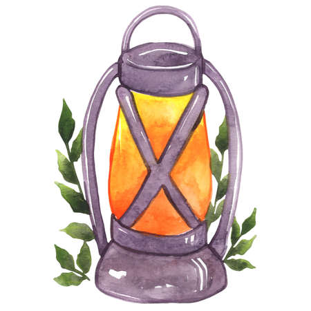 Light lantern with fall leaves leaves watercolor for decoration on romantic Autumn night .の写真素材