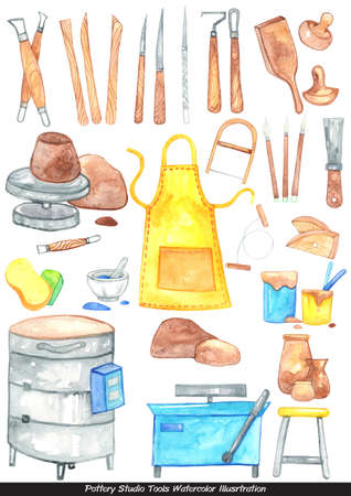 Pottery tools in studio watercolor illustration for ceramic handcrafted concept.の写真素材