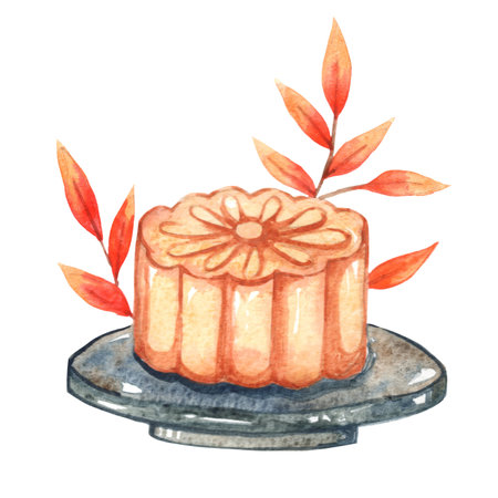 moon cake festival with Autumn leaf on plate for moon festival in Chinese culture.の写真素材