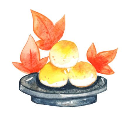 Pastry moon cake on plate with autumn leaves watercolor for dessert sweet on moon festival and mid year festival.の写真素材