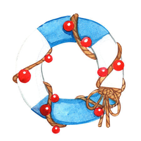 lifebuoy, rope bow with Christmas ball for decoation on Nautical Christmas concept.