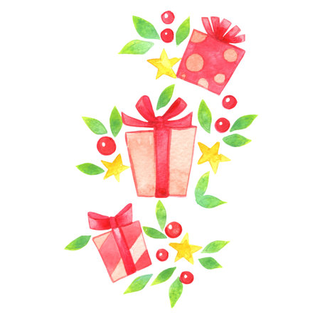 Red gift box, pink bow, Christmas star, berry and leaves watercolor illustration for decoration on Christmas holiday festival.の写真素材
