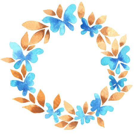 Blue Butterfly with brown leaves wreath watercolor for decoration on wedding and Autumn seasonal.の写真素材