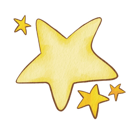 yellow star shape watercolor illustration for decoration on party and night times.の写真素材