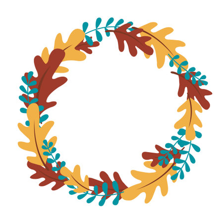 Oak leaves and fern wreath illustration for decoration on Thanksgiving festival, tropical forest and nature concept.のイラスト素材