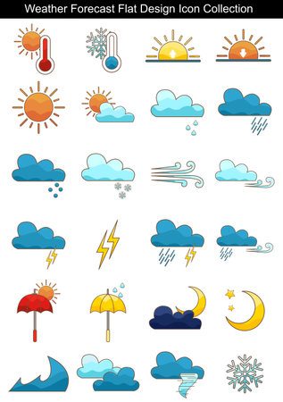 Cloudy, sun, rain, wind, snow, sunset,sunrise,temperature,storm and moon flat design icon illustration.のイラスト素材