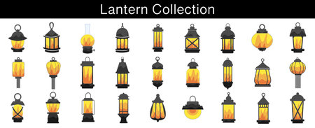 Lamp, lantern and lamplight falt design illustration for decoration on Home decor and event festival at night.のイラスト素材