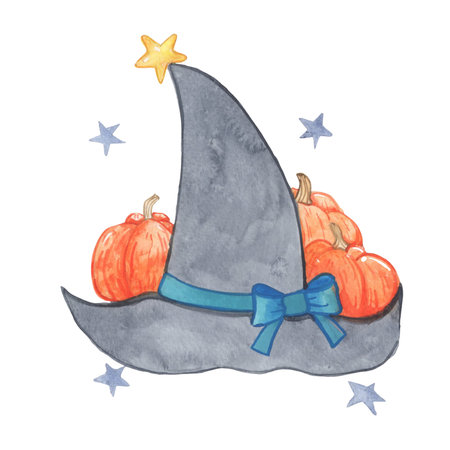 Magician hat with pumpkin and dark star watercolor illustration for decoration on Halloween...