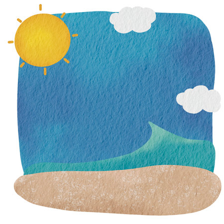 Beach with sunny sky watercolor banner illustration for decoration on coastal living and nautical concept.の写真素材
