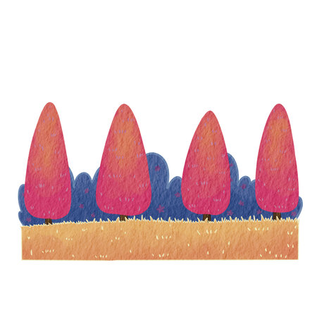 romantic pink pine trees on grass meadow and tree bush watercolor illustration for decoration on Fantasy landscape.の写真素材