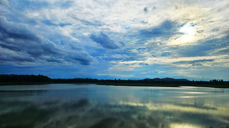 Reflection of evening sky in cloudy day on the alke surface landscape .