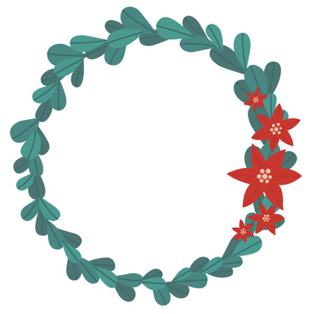 Leaves and red flowers Christmas wreath frame illustration for decoration on Christmas holiday and new year festival.のイラスト素材