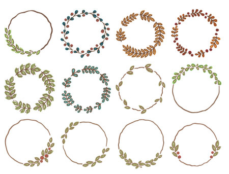 Abstract leaves wreath doodle for decoration on natire , autumn seasonal, organic lifestyle and romance concept.のイラスト素材