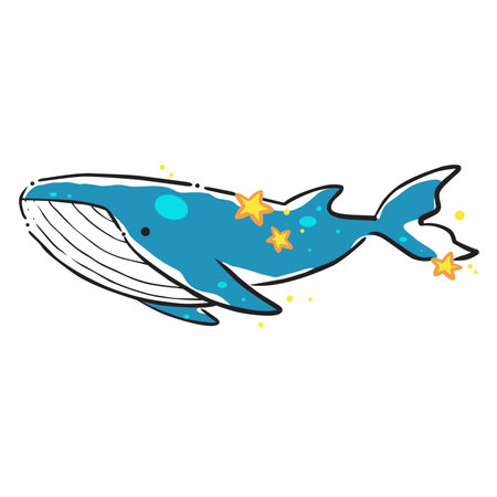 Whale with star doodle illustration for summer holiday, sea life, nautical and ocean concept.のイラスト素材