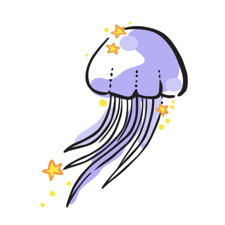 Jellyfish and star doodle illustration for summer holiday, sea life, nautical and ocean concept.のイラスト素材