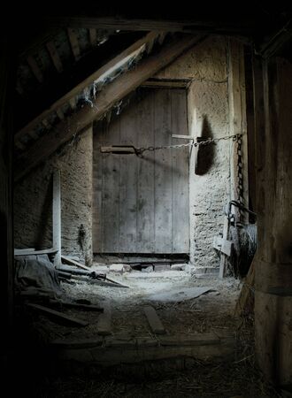 A dusty, closed and mysterious door forgotten for a long time.の写真素材