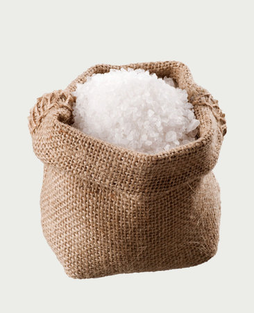 Sea salt in a  burlap sackの写真素材