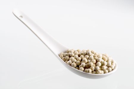 White peppercorns on a porcelain spoon
の写真素材