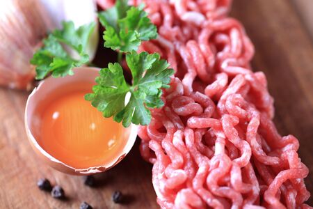 Raw minced meat and other ingredients の写真素材