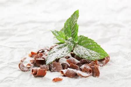 Heap of chocolate curls sprinkled with icing sugarの写真素材