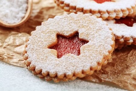 Jam biscuits sprinkled with icing sugar - detailの写真素材