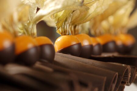 Chocolate curls and chocolate dipped physalis fruitsの写真素材