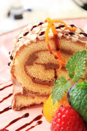 Slice of chocolate Swiss roll and fresh fruitの写真素材