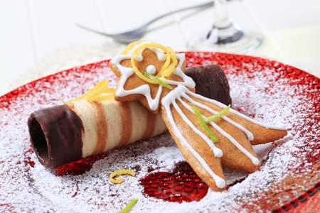 Chocolate dipped wafer cookie and gingerbreadの写真素材