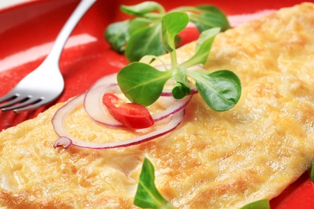 Egg omelet sprinkled with fresh salad greens
