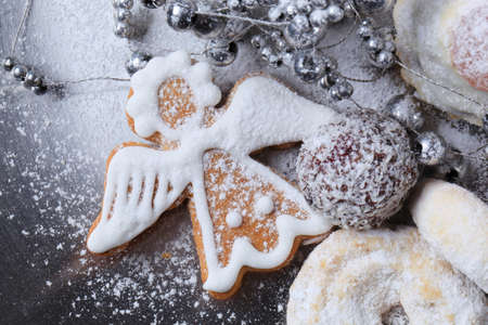 Closeup of Christmas cookies on a plateの写真素材