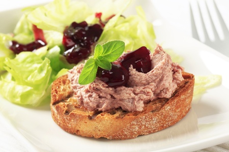 Toasted bread and pate with cranberry sauce and lettuceの写真素材