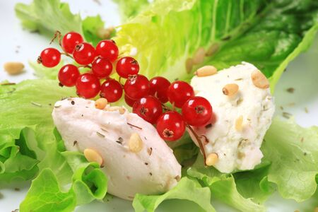 Savory spreads on lettuce leaves sprinkled with pine nutsの写真素材