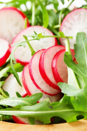 Rocket salad with sliced radishの写真素材