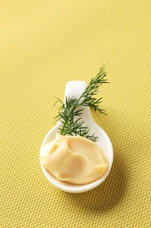 Creamy sauce or spread on a porcelain spoonの写真素材