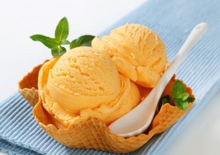 Scoops of ice cream in a waffle basketの写真素材