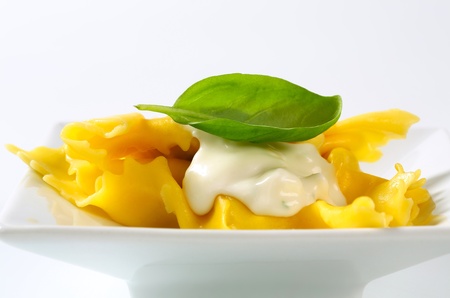 Dish of stuffed pasta with cheese sauceの写真素材